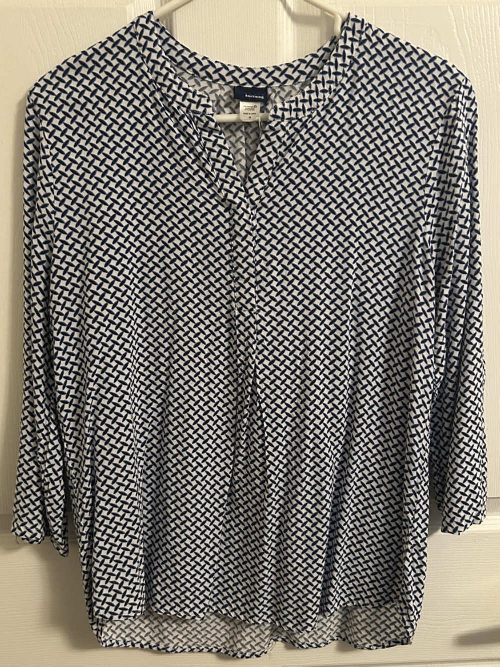 Basic Editions Navy and White Geometric Split-Neck Blouse